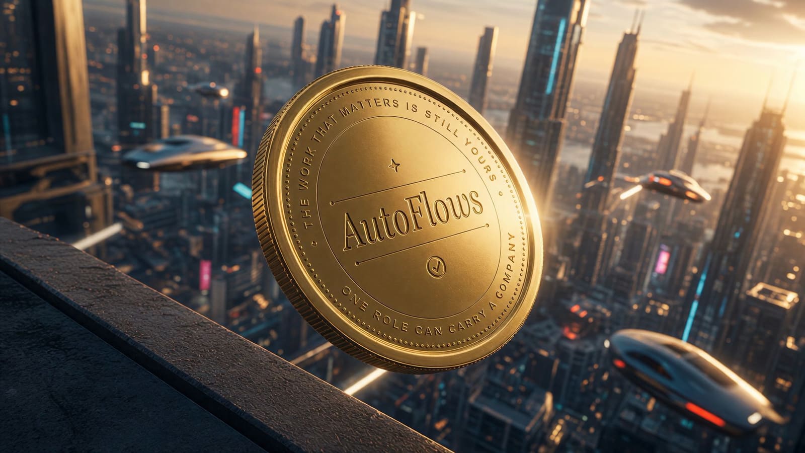 A gold AutoFlows coin, engraved with the words "the work that matters is still yours", resting on a rooftop ledge above a city at golden hour.